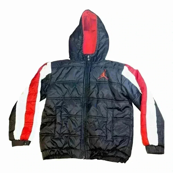 NIKE AIR JORDAN Black/Red Zip-Up Lined/Insulated PUFFER HOODED JACKET Sz-6-7 - Picture 1 of 7